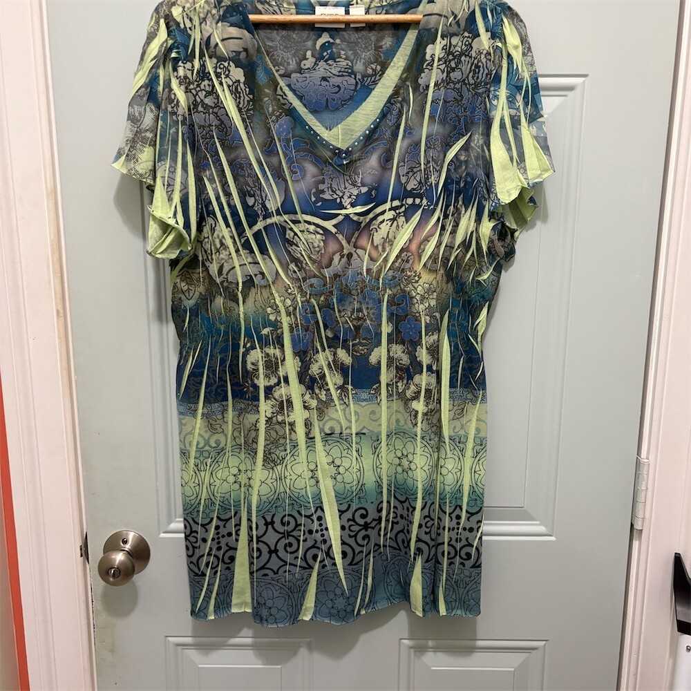 Cato Woman Blouse Womens Plus Size 22/24W Green Blue Tunic V-Neck Dolman